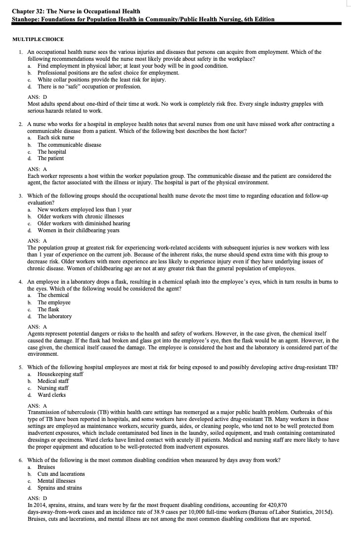 Test Bank Foundations for Population Health in Community Public Health Nursing 6th Edition by Stanhope