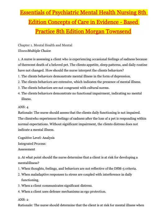 Test Bank Essentials of Psychiatric Mental Health Nursing 8th Edition: Concepts of Care in Evidence by Morgan Townsend