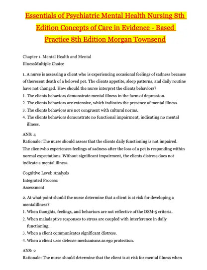 Test Bank Essentials of Psychiatric Mental Health Nursing 8th Edition: Concepts of Care in Evidence by Morgan Townsend