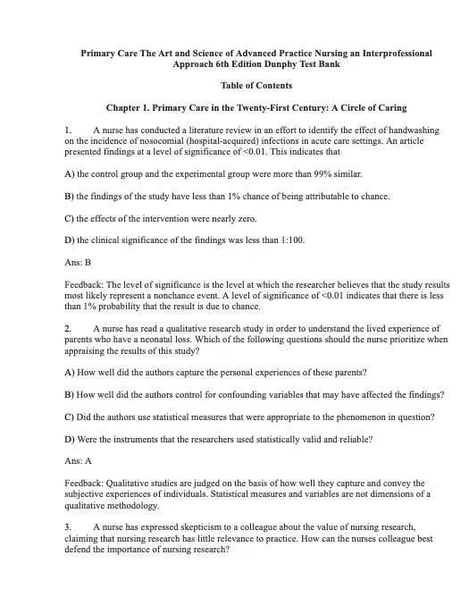 Test Bank Primary Care: The Art and Science of Advanced Practice Nursing – an Interprofessional Approach 6th Edition by Dunphy