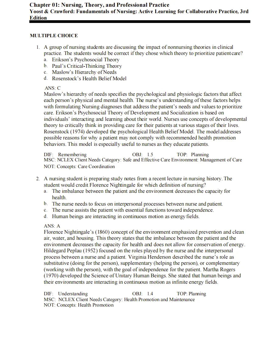 Test Bank Fundamentals of Nursing: Active Learning for Collaborative Practice 3rd Edition