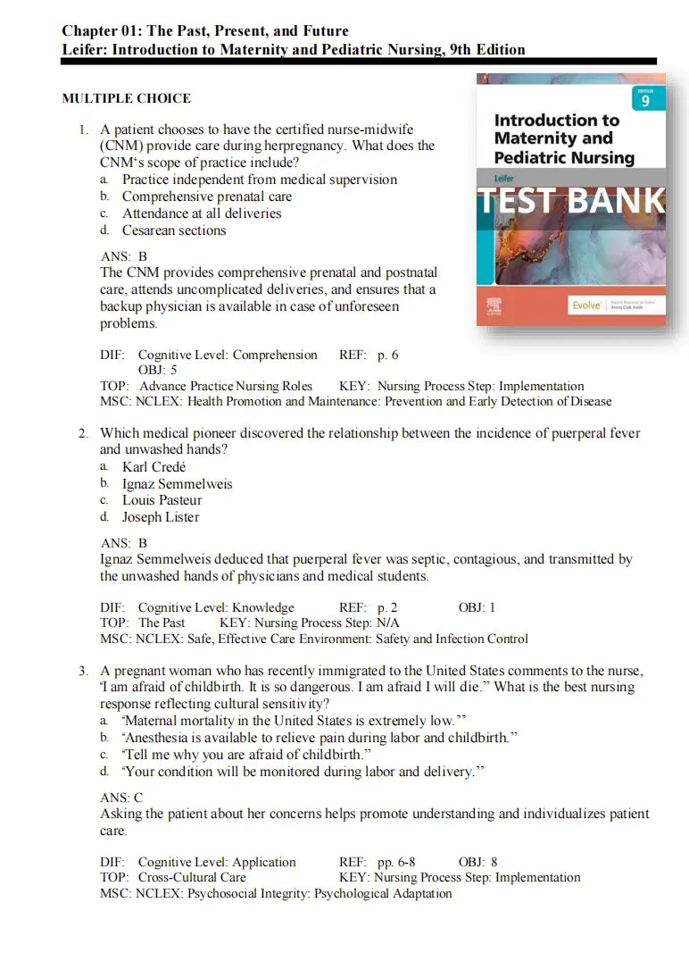 Test Bank Introduction to Maternity and Pediatric Nursing 9th Edition