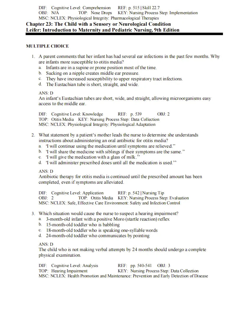 Test Bank Introduction to Maternity and Pediatric Nursing 9th Edition