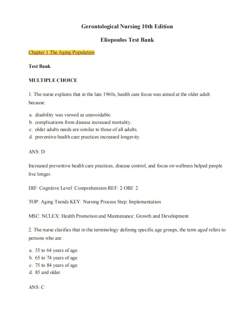 Test Bank Gerontological Nursing 10th Edition by Charlotte Eliopoulos