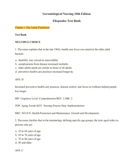 Test Bank Gerontological Nursing 10th Edition by Charlotte Eliopoulos
