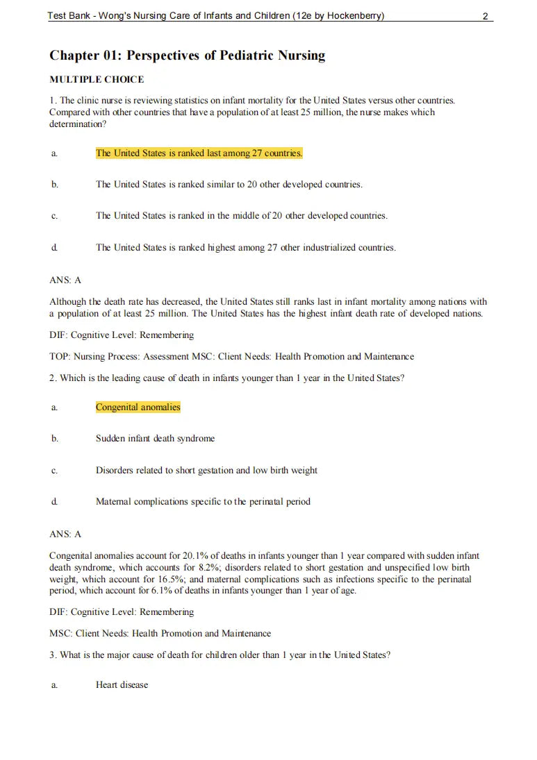 Test Bank Wong's Nursing Care of Infants and Children 12th Edition by Hockenberry