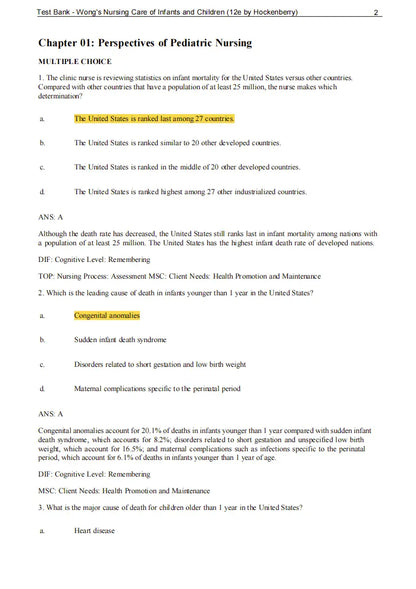 Test Bank Wong's Nursing Care of Infants and Children 12th Edition by Hockenberry