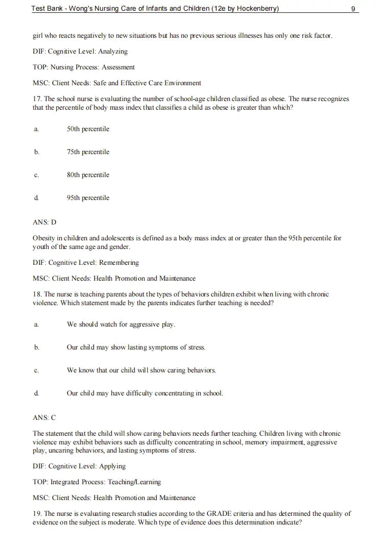 Test Bank Wong's Nursing Care of Infants and Children 12th Edition by Hockenberry