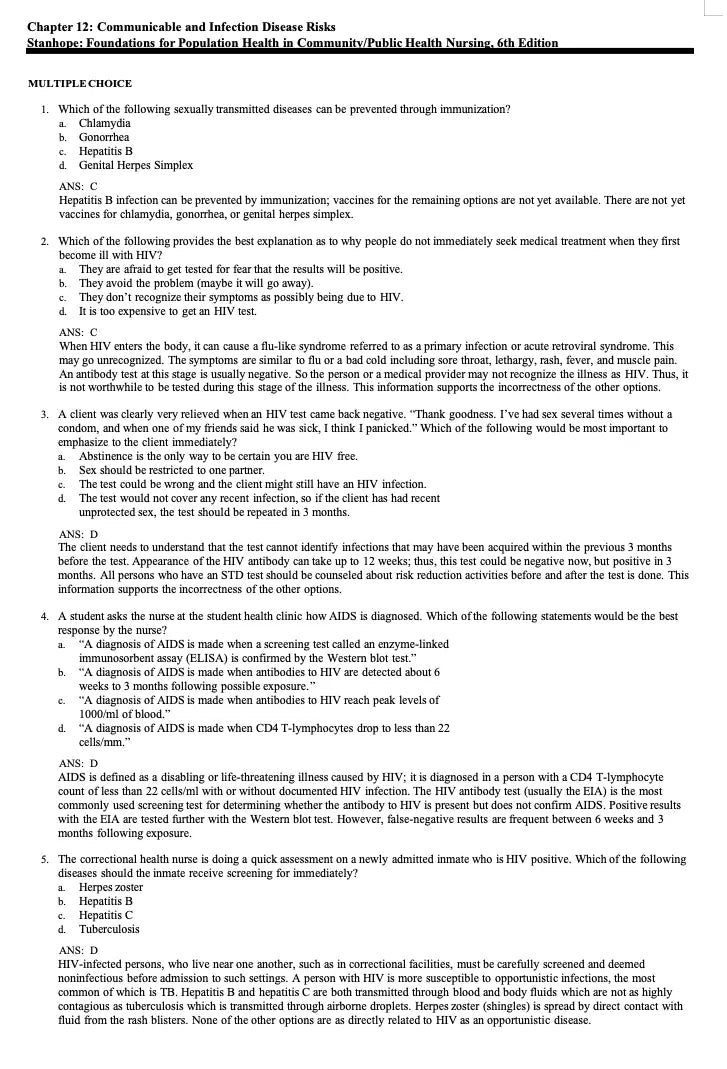 Test Bank Foundations for Population Health in Community Public Health Nursing 6th Edition by Stanhope