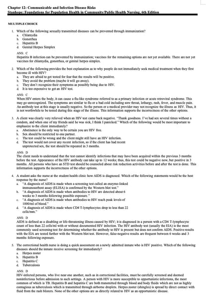 Test Bank Foundations for Population Health in Community Public Health Nursing 6th Edition by Stanhope