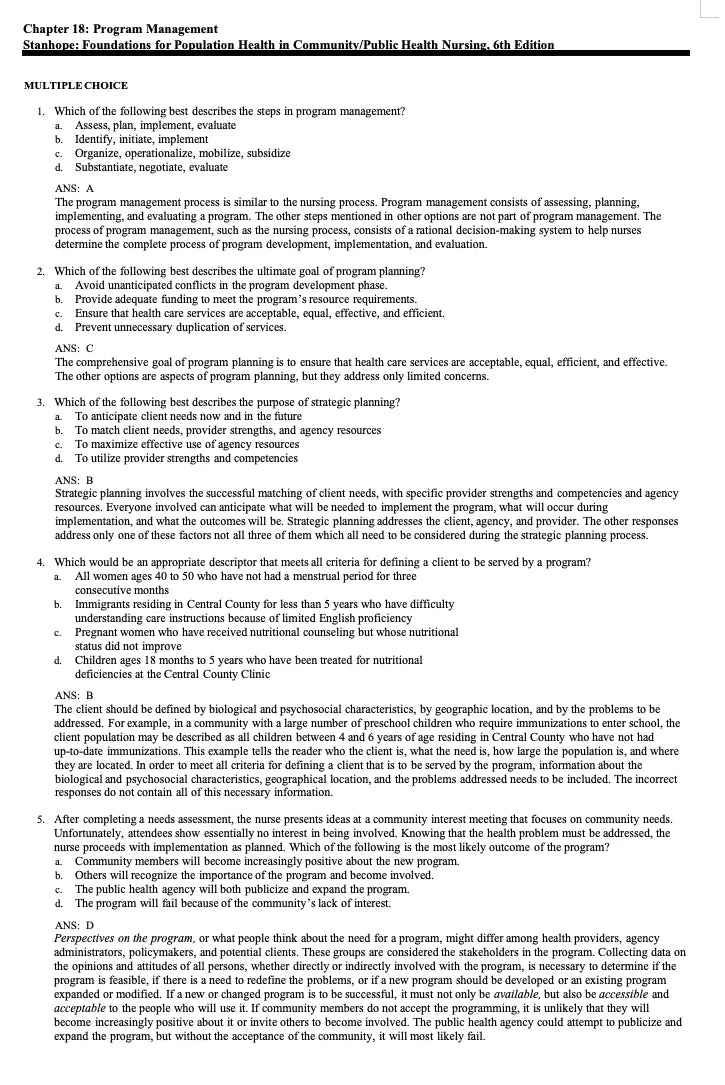 Test Bank Foundations for Population Health in Community Public Health Nursing 6th Edition by Stanhope