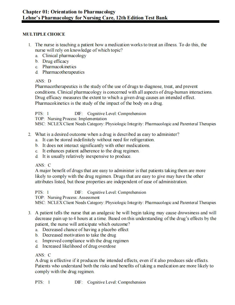 Test Bank Lehne’s Pharmacology for Nursing Care 12th Edition