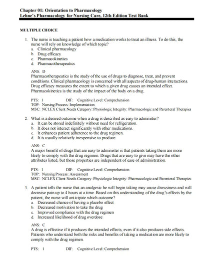 Test Bank Lehne’s Pharmacology for Nursing Care 12th Edition