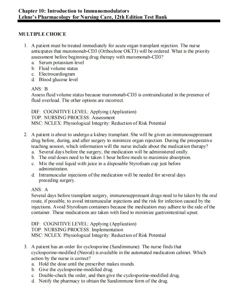 Test Bank Lehne’s Pharmacology for Nursing Care 12th Edition