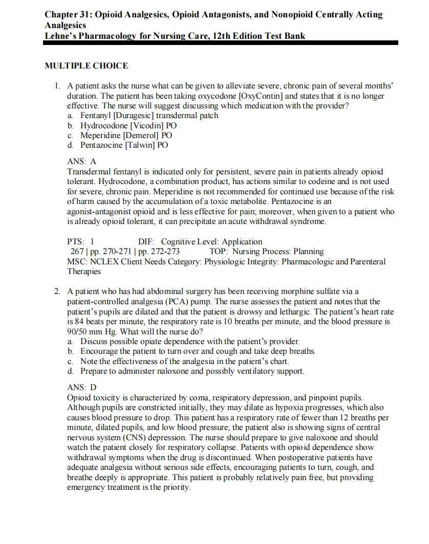 Test Bank Lehne’s Pharmacology for Nursing Care 12th Edition