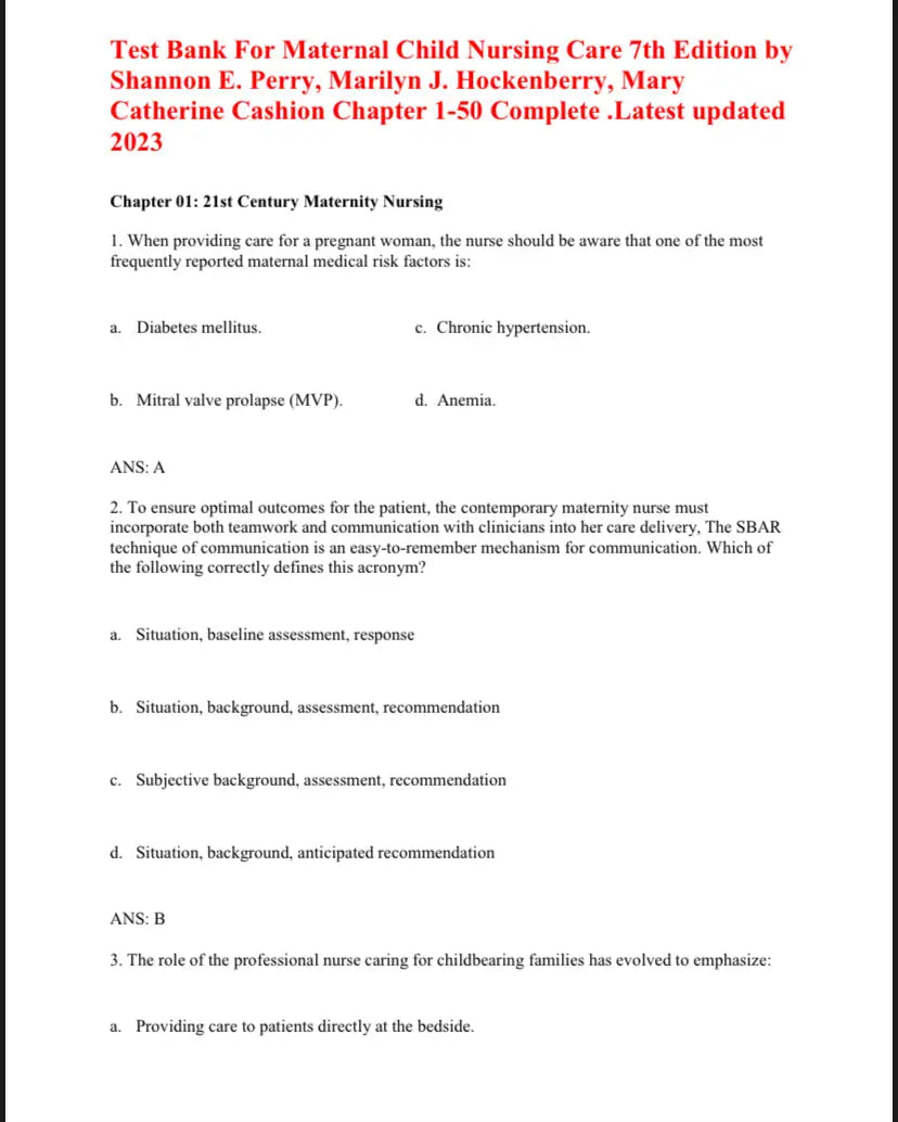 Test Bank Maternal Child Nursing Care 7th by Perry