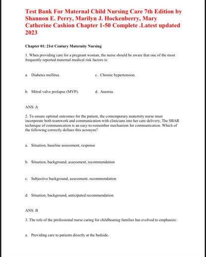 Test Bank Maternal Child Nursing Care 7th by Perry