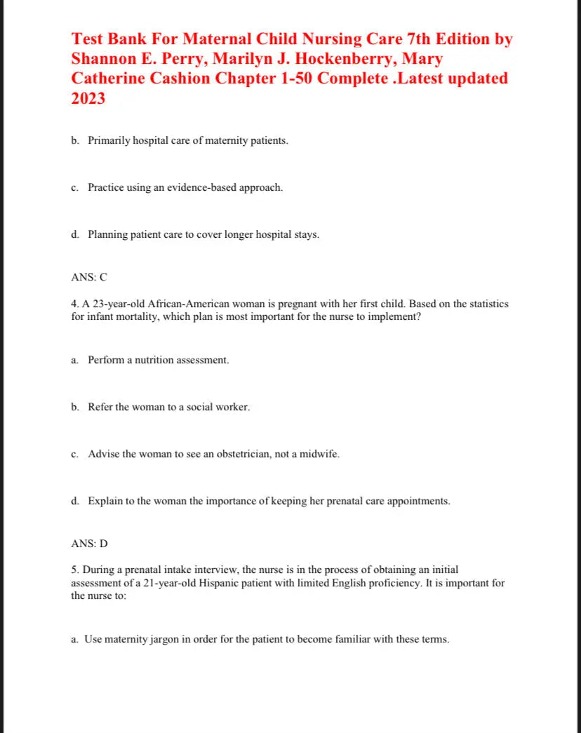 Test Bank Maternal Child Nursing Care 7th by Perry