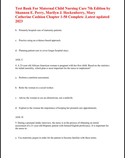 Test Bank Maternal Child Nursing Care 7th by Perry