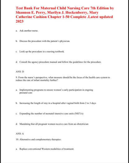 Test Bank Maternal Child Nursing Care 7th by Perry