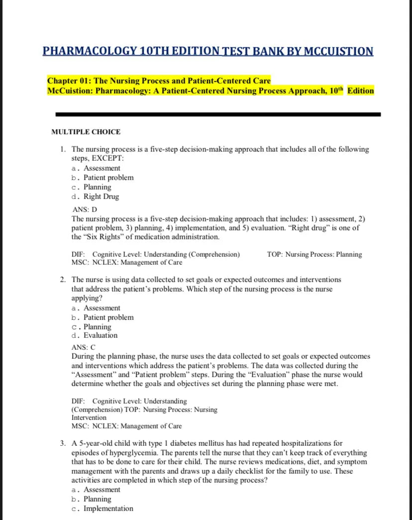 Test Bank Pharmacology: A Patient-Centered Nursing Process Approach 10th Edition by McCuistion